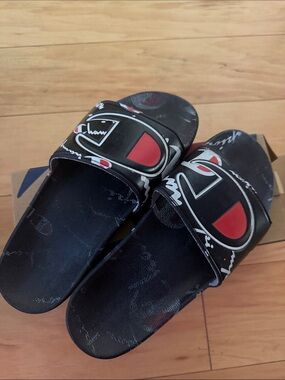 Champion Black Slide Sandals with Red and White Logo